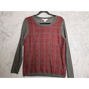 Gray and Red Mohair Blend Grid Knit Sweater Minimalist Cabincore Size Medium